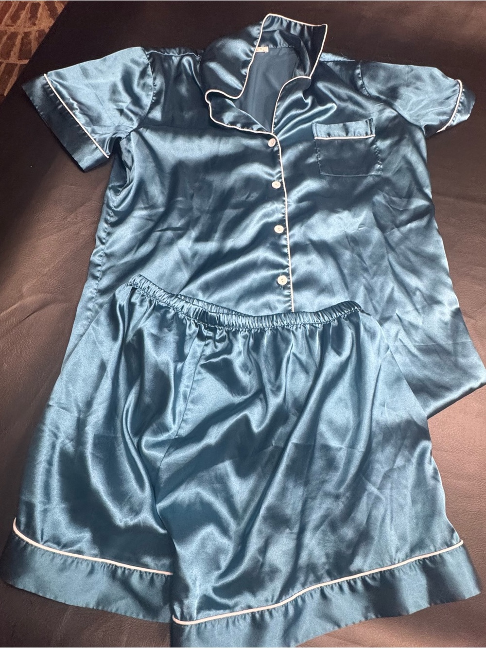 Silky Teal Short Sleeve Pajama Set with Contrast Piping